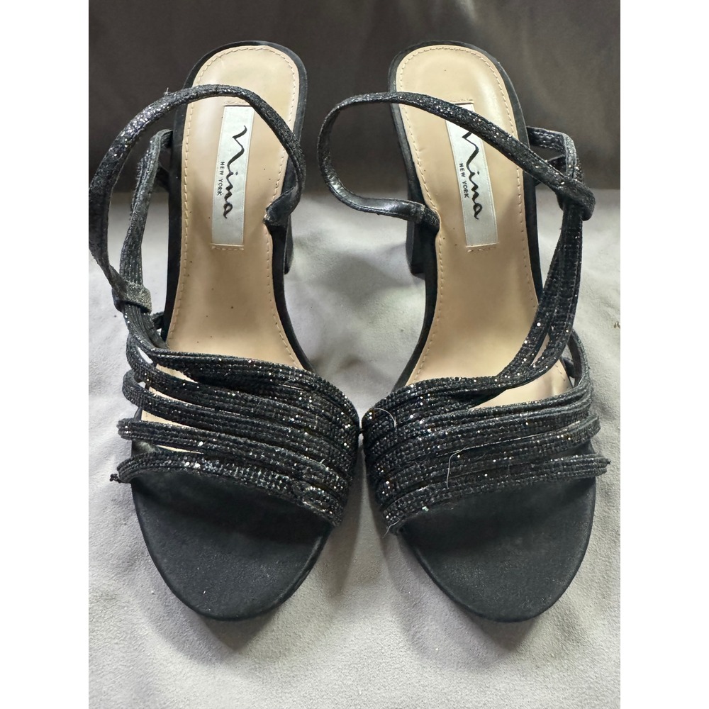 Nina New York Sandals Womens 7M Black Glitter Strappy Block Heel EUR 37 Shoes